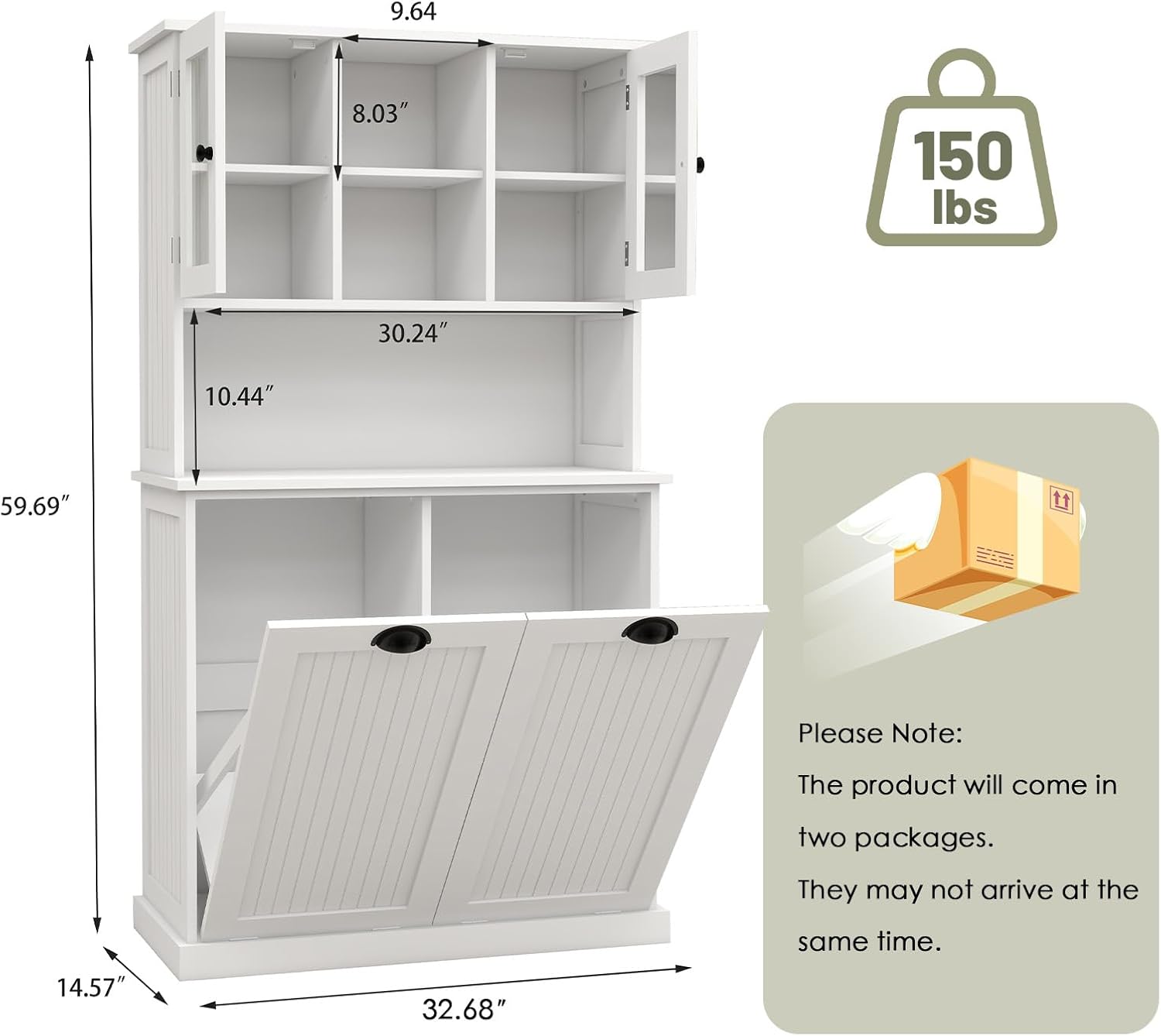 Tilt-Out Laundry Hamper Cabinet, 60-inch Tall Bathroom Cabinet with 2 Large Pull-Out Laundry Baskets, Glass Doors, and 2 Adjustable Shelves, Bathroom Organizer Cabinet for Laundry and Balcony, White