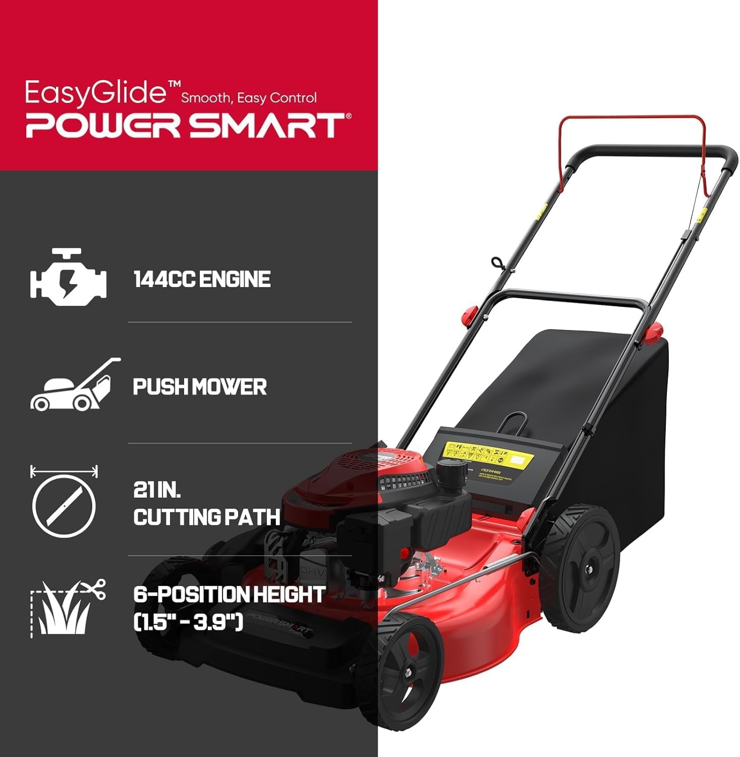 PowerSmart Gas Push Lawn Mower 21-inch 144cc 4-Stroke Engine with Easy Adjustable Cutting Height, High Wheels, 3-in-1 Mulch/Bag/Side Discharge, 6 Height Adjustment