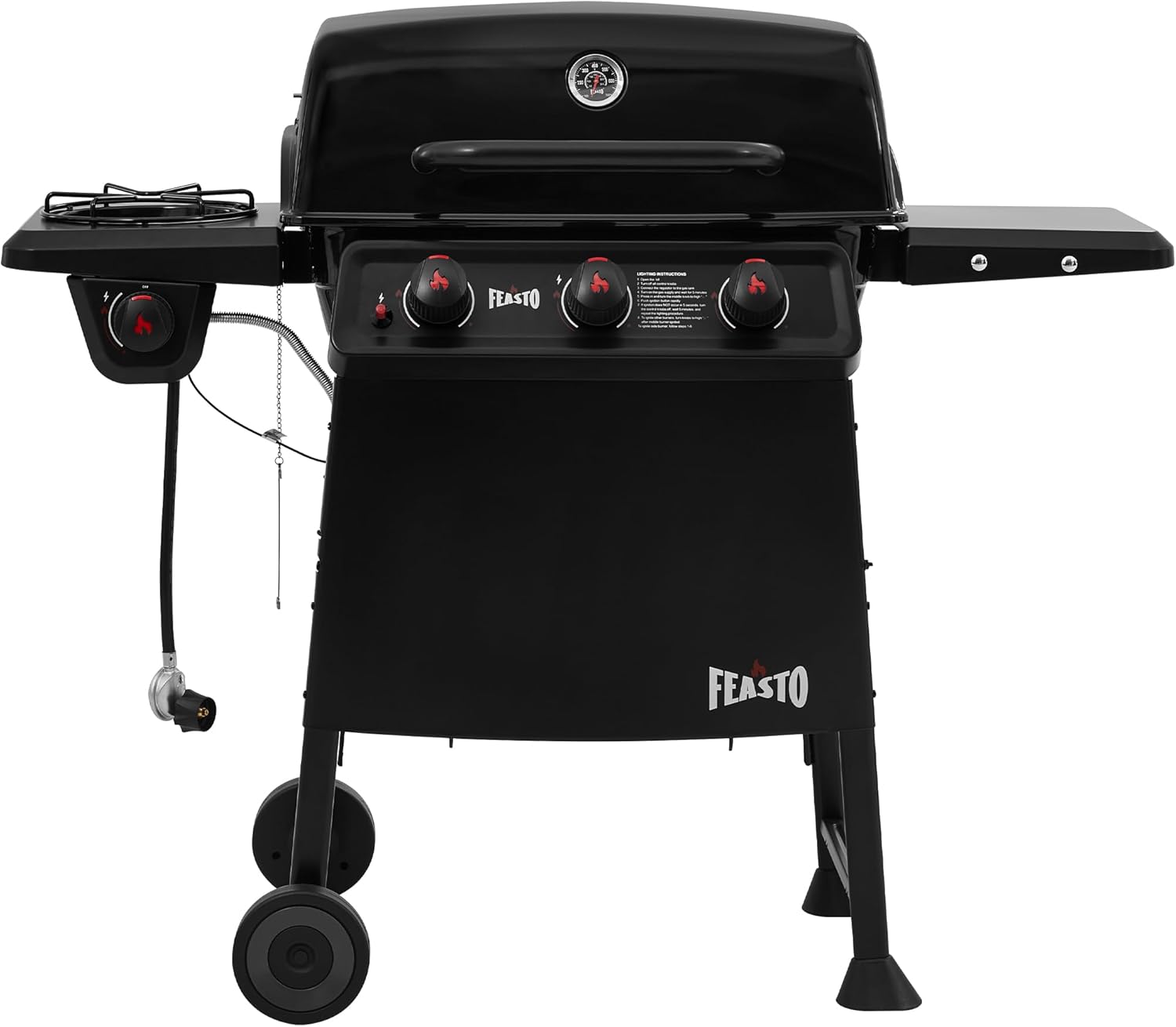Feasto 3 Burner Propane Gas Grill with Side Burner, Porcelain-Enamel Main Body and Lid, Propane BBQ Grill with 38,000 BTUs Output & Side Table for Patio, Backyard, Poolside Gatherings