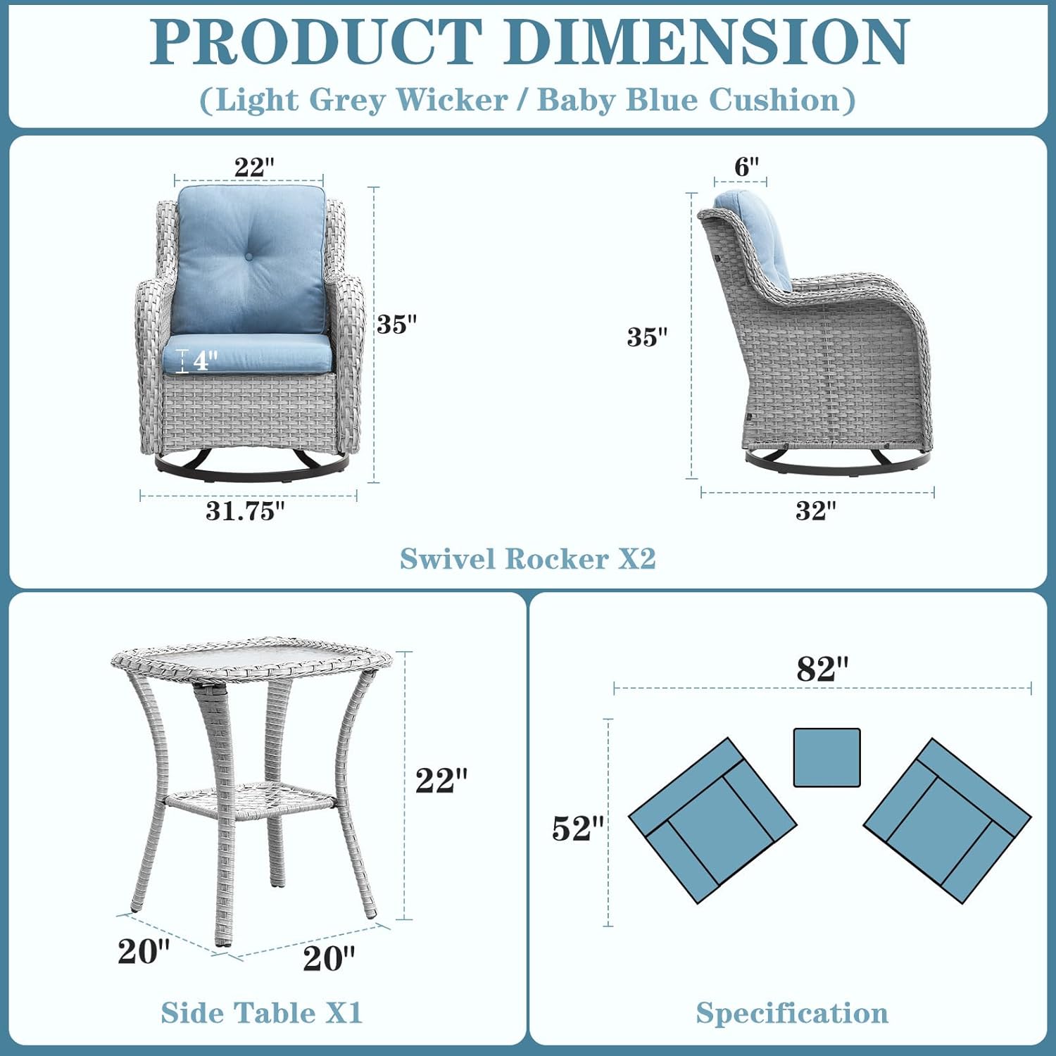 Outdoor Swivel Rocker Bistro Set - 3 Piece Patio Furniture Set Swivel Glider Chairs with Side Table for Porch Deck Balcony, Light Grey/Baby Blue