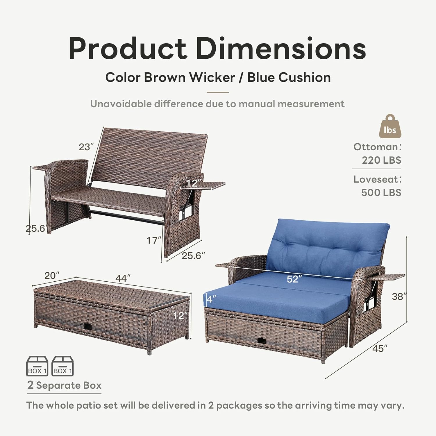 Belord Oversize Outdoor Daybed Set - Patio Recliner Loveseat with Storage Ottoman, Wicker Double Lounge Chair wth 5 Level Adjustable Backrest and 2 Retractable Table