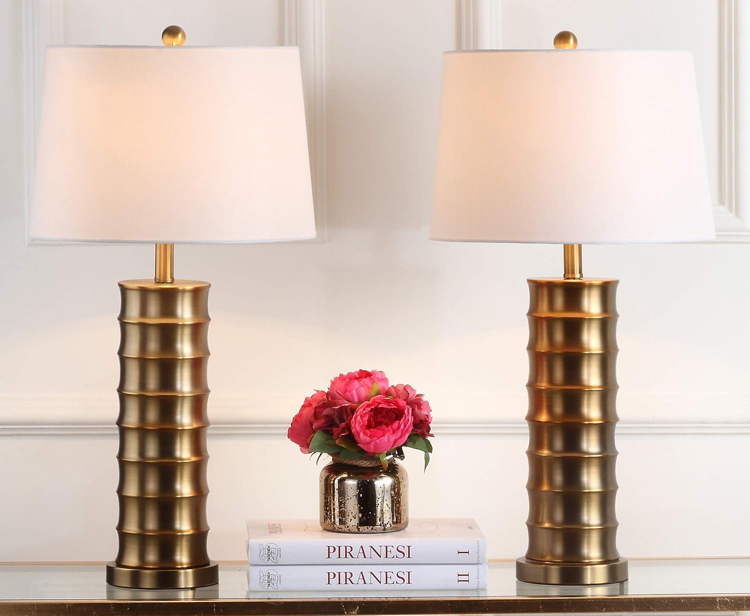 SAFAVIEH Lighting Collection Linus Farmhouse Brass Column Gold 29-inch Bedroom Living Room Home Office Desk Nightstand Table Lamp Set of 2 (LED Bulbs Included)