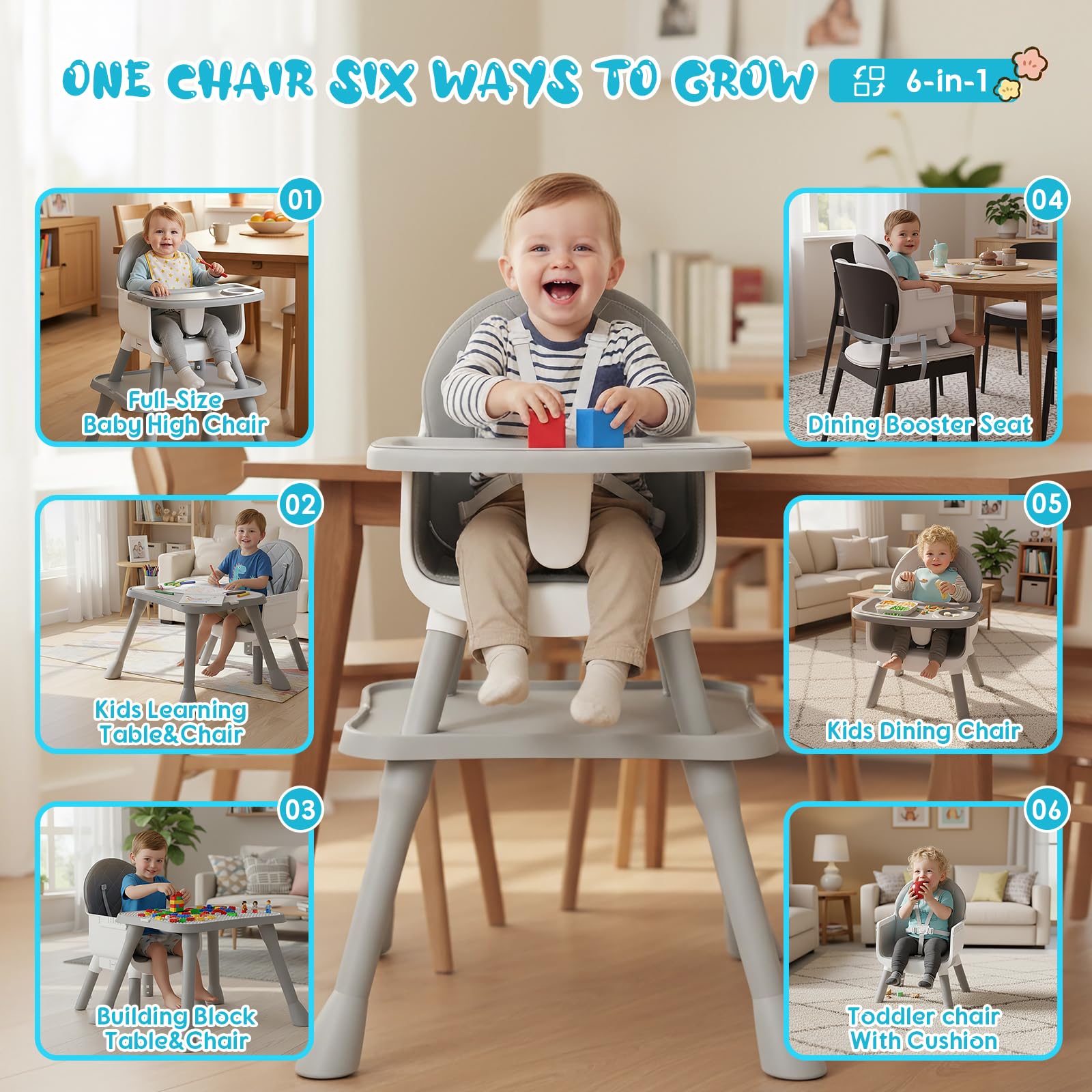 UNISWAN 6 in 1 Baby High Chair - Convertible Highchair Grey