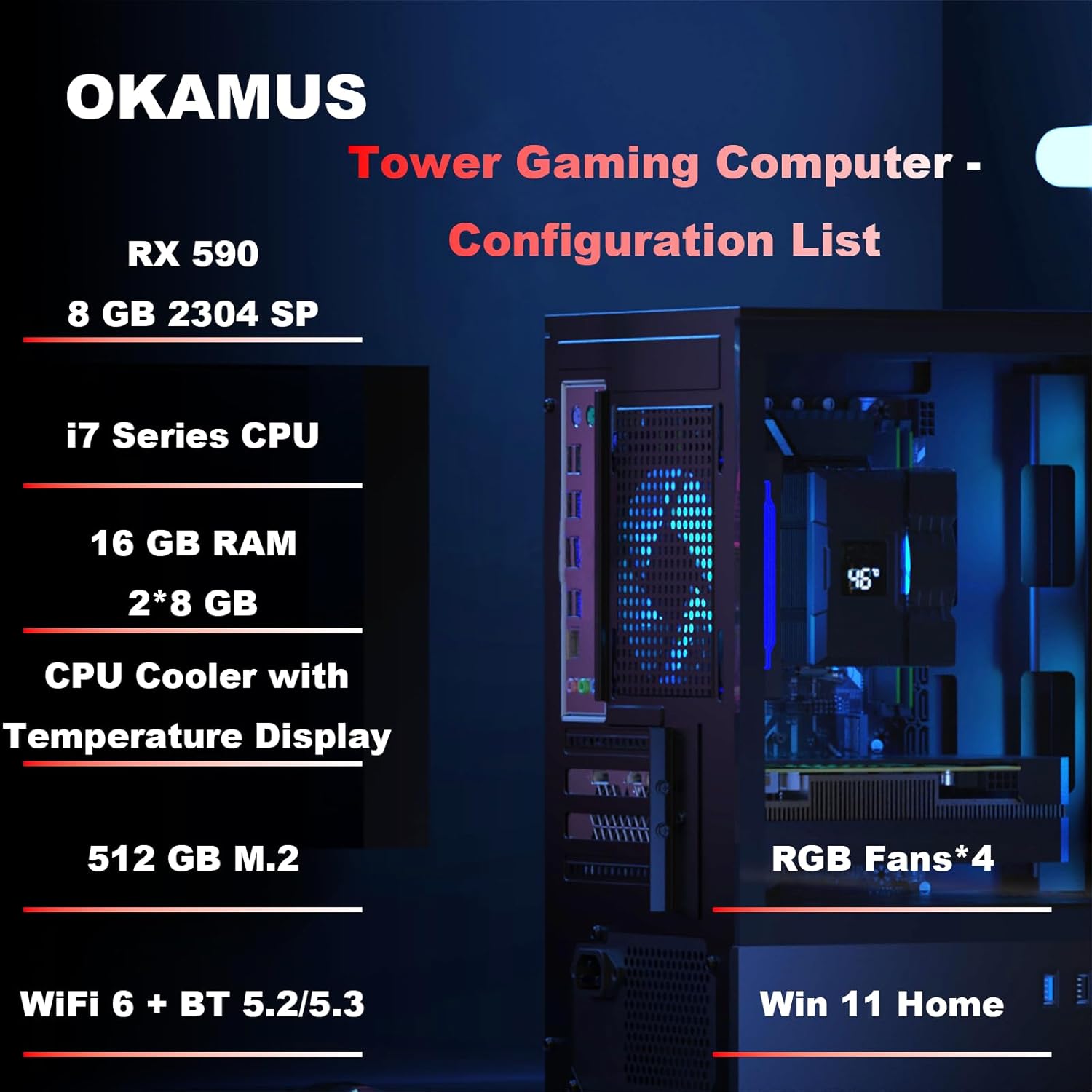 Gaming PC, i7 CPU Up to 4.0GHz, RX 590 2304 SP 8GB DDR5 Graphics Card, 512 GB M.2, 16 GB RAM Pre-Built Computer, ARGB Fans x 4, Win 11 Home .WiFi 6 + BT 5.3, 550W PSU (RX 590+512GB+16GB)