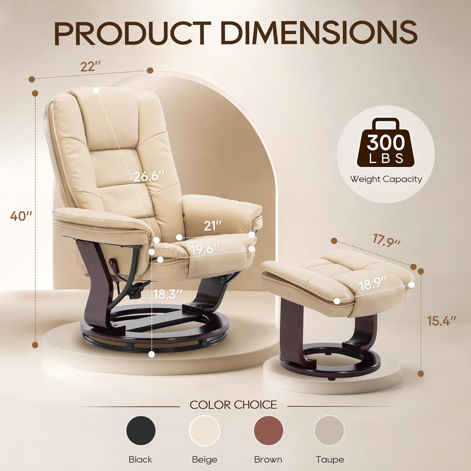Argus Swivel Recliner with Ottoman, PU Leather & Wood Base Reclining Chair with Footrest, Ultra-Plush Double Foam for Living Room, Bedroom and Office, Set of 1