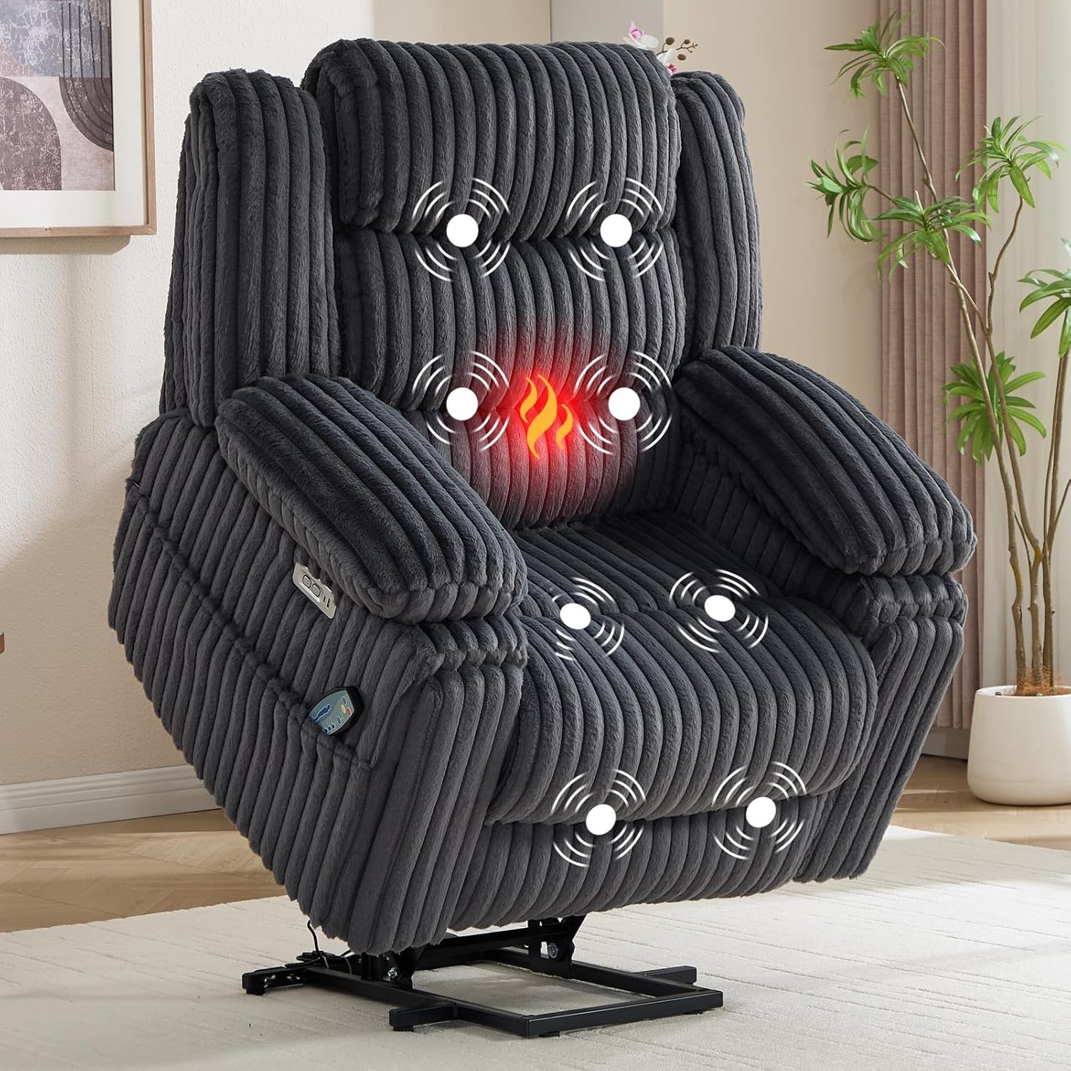 CANMOV Power Lift Recliner Chair with Heat & Massage for Elderly - Heavy Duty Electric Recliner with Wireless Charger, USB & Type-C, Cup Holder, Lift Chair for Living Room, Dark Grey