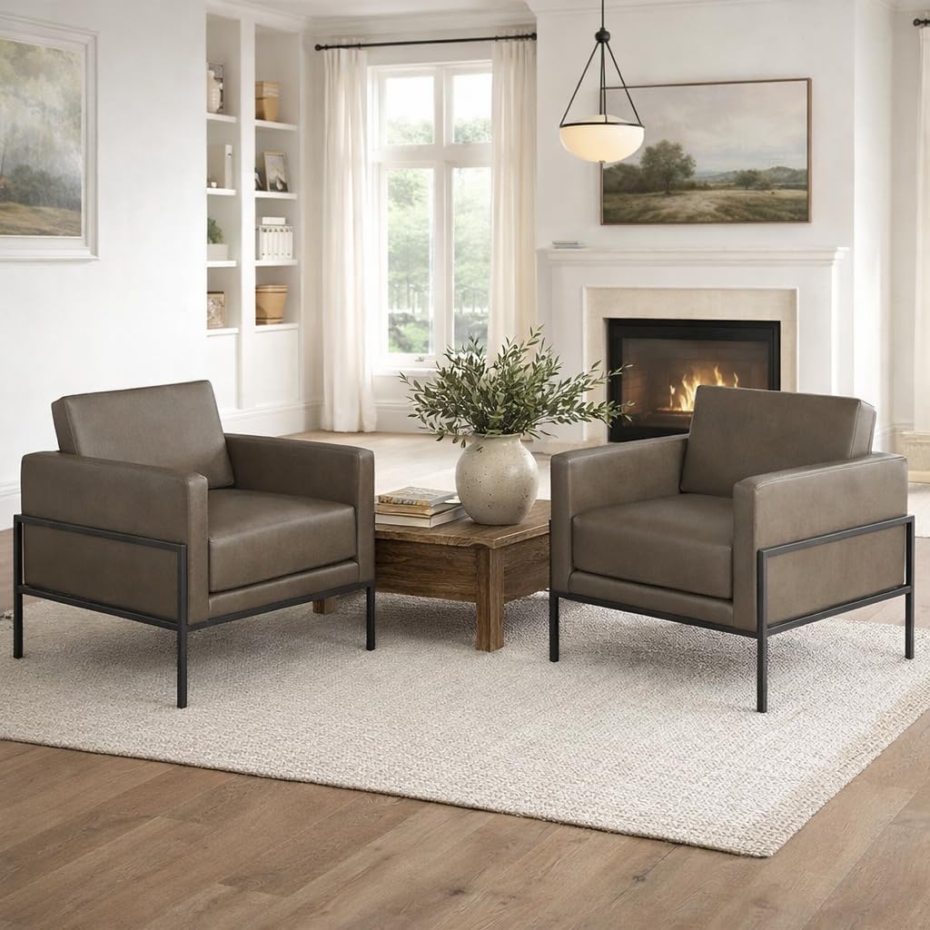 HomePop Modern Metal Frame Accent Chair|Homepop Home Décor|Accent Chairs for Living Room & Bedroom - Pewter Gray Faux Leather