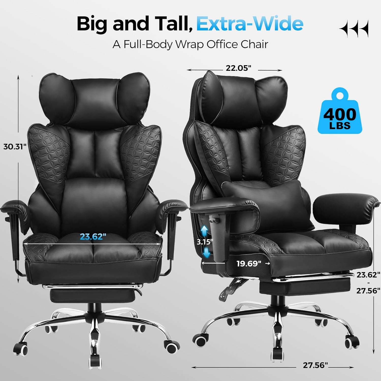 COMHOMA Big and Tall Office Chair Heavy Duty Wide Ergonomic Gaming Chair with Deluxe Embossing Leather with Foot Rest 150°Reclining Adjustable Armrests Pocket Spring Back Support and Without Pillow