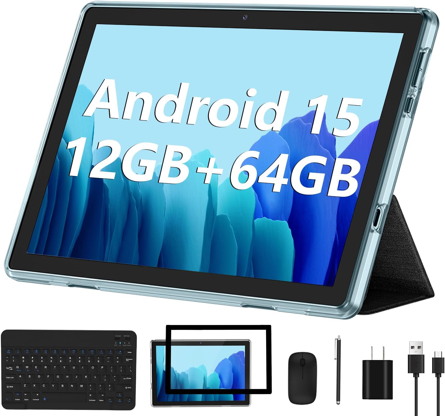 ECOPAD Android 15 Tablet, 10 Inch Tablets with Keyboard Mouse 12GB RAM + 64GB ROM +1TB Expand, 2 in 1 Tableta with WiFi 6 / Bluetooth/GMS Certified/IPS Touch Screen, Blue Set