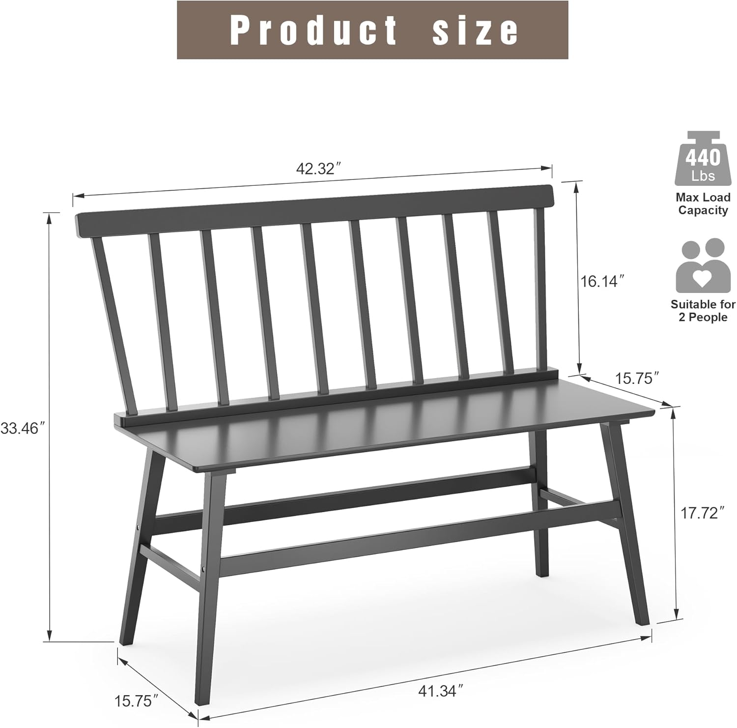 Bamboo Dining Bench, Entryway Bench with Spindle Back Farmhouse Wood Windsor for Foyer Balcony Living Room (Black)