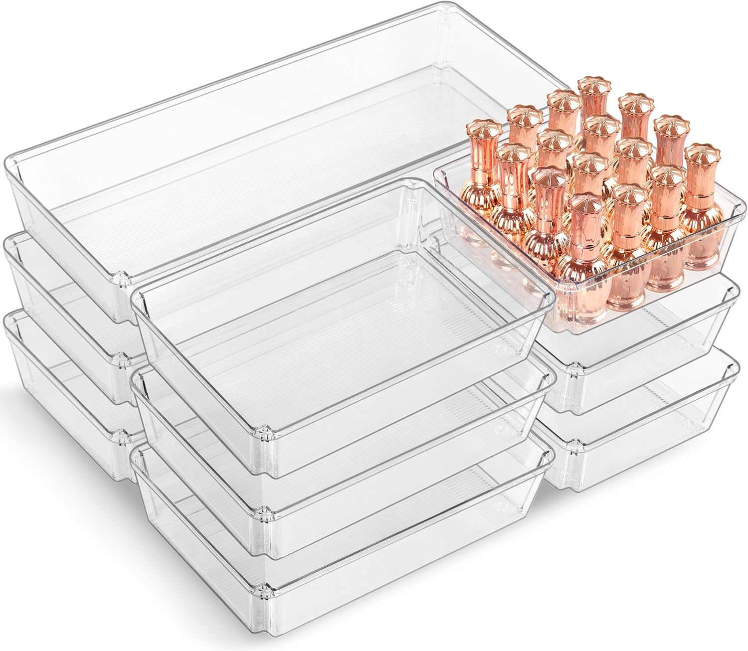 9 PCS Clear Plastic Drawer Organizer Sets, 3 Sizes Vanity Organizer Trays Stackable Storage Bins for Kitchen, Cabinet, Bathroom, Office, Laundry Room Organizing