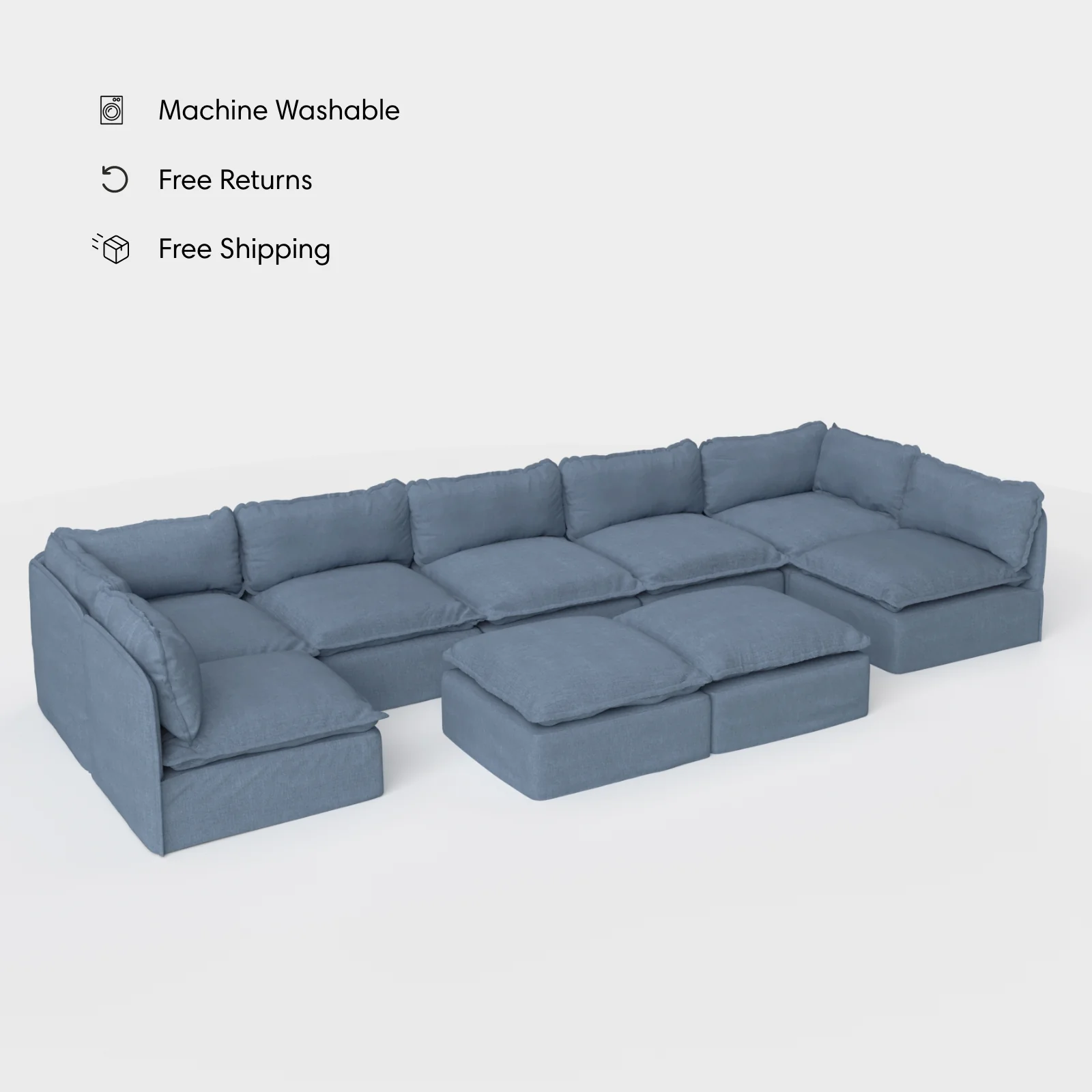 Modular Outdoor Washable 7-Seater Open-Ends U-Sectional + Bench Ottoman | Classic Canvas in Ocean