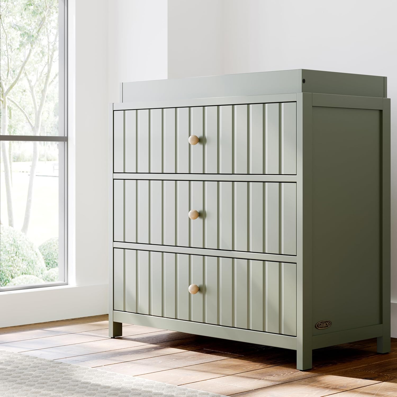 Graco Teddi 3 Drawer Chest with Changing Table Topper (Olive) – GREENGUARD Gold Certified, Interlocking Drawer System, Pre-Installed Drawer Tracks for Easier Assembly