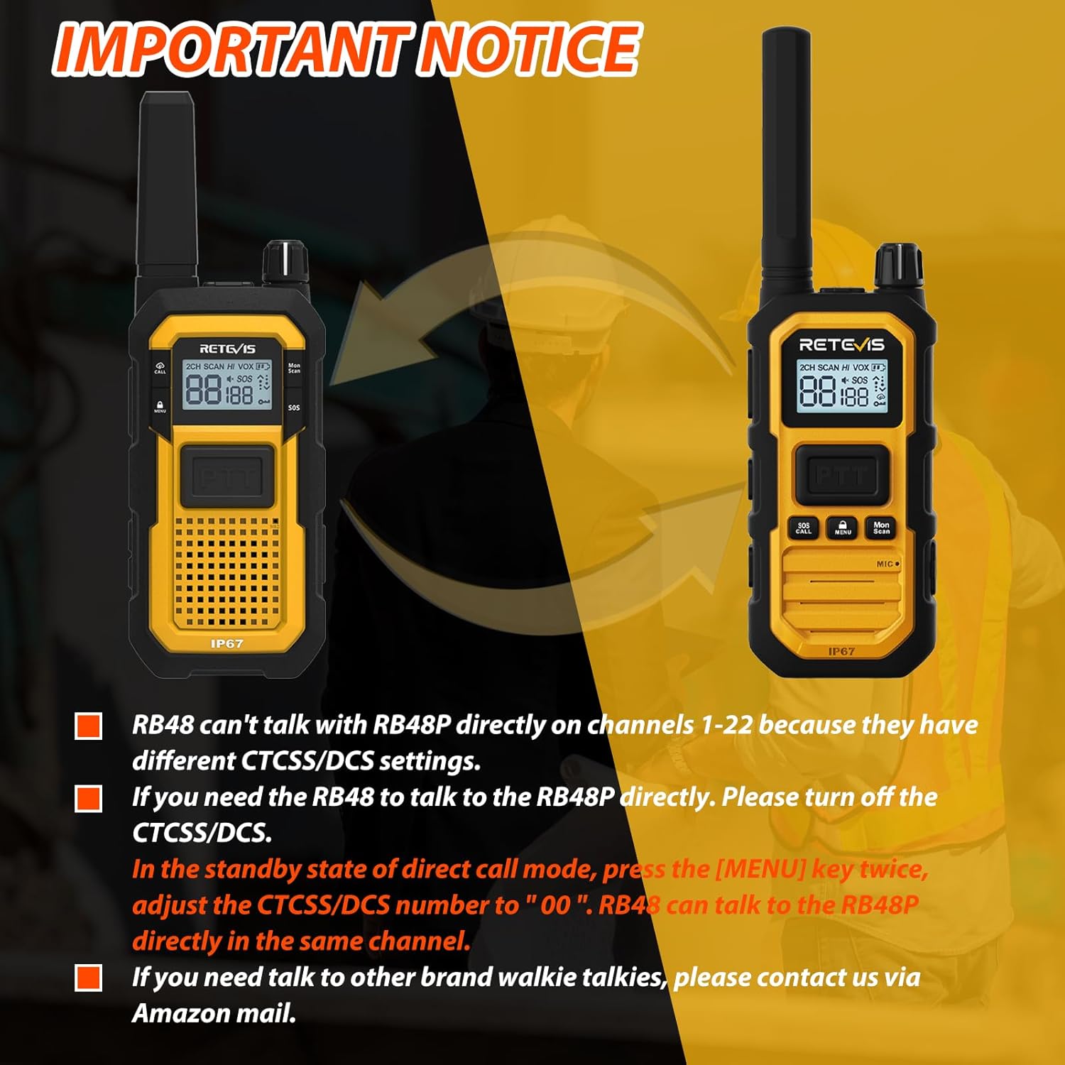 Retevis RB48 Plus IP67 Waterproof Heavy Duty Long Range Walkie Talkies, GMRS Radio, Construction Jobsite Two Way Radio, NOAA, Shock Resistant, Dual PTT, Emergency, Vibration Reminder(4 Pack)
