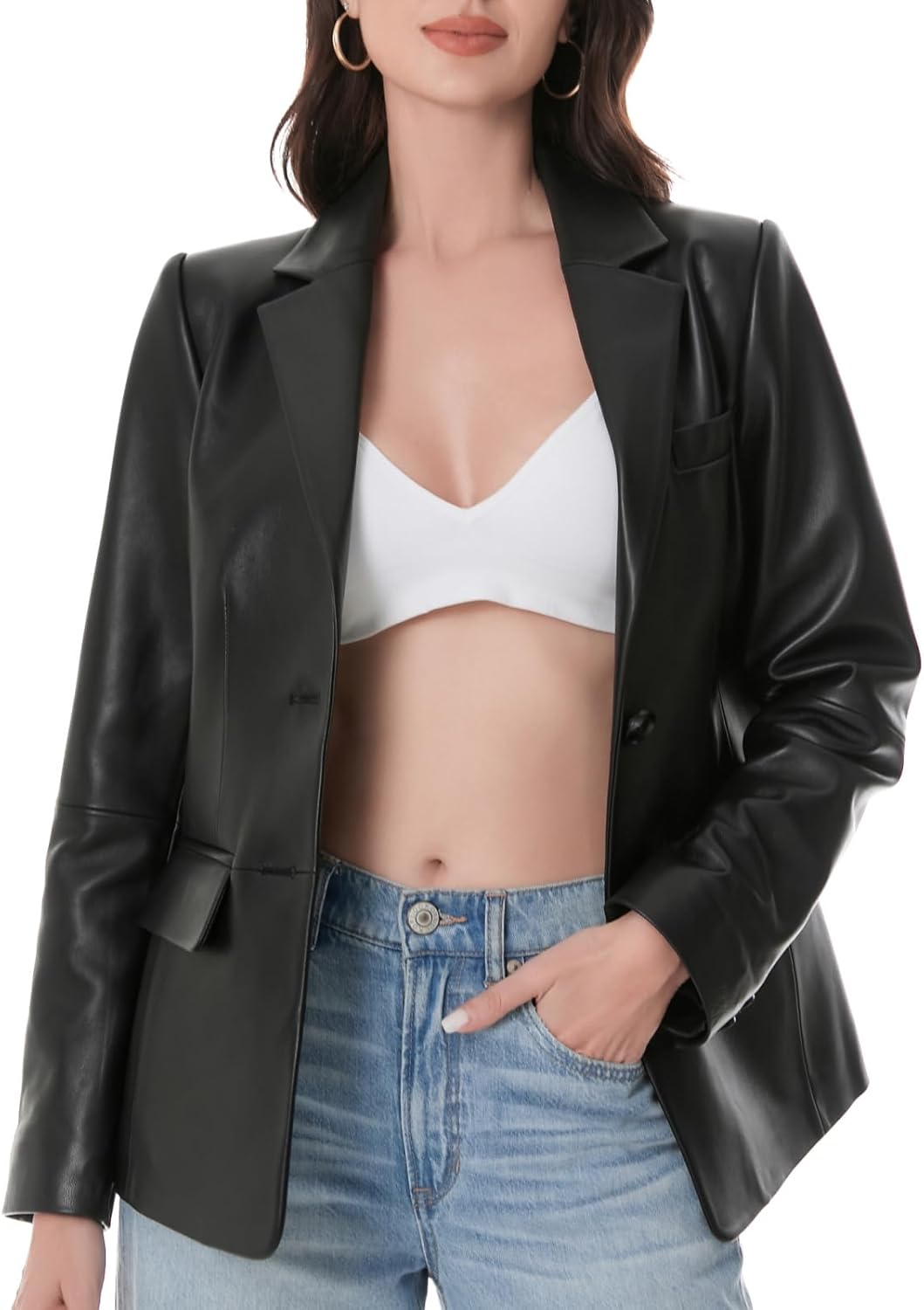 SILVER FASHIONS Lambskin Leather Jacket Women,Long Sleeve Button Front Leather Blazer,Notched Lapel Casual Style,Vent Detail