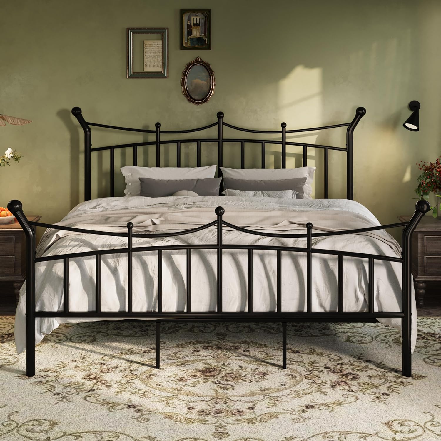 SHA CERLIN 14 Inches King Size Metal Platform Bed Frame with Crown Style Victorian Headboard & Footboard, Ample Under Bed Storage, Noise Free, Easy Assembly, No Box Spring Needed, Black