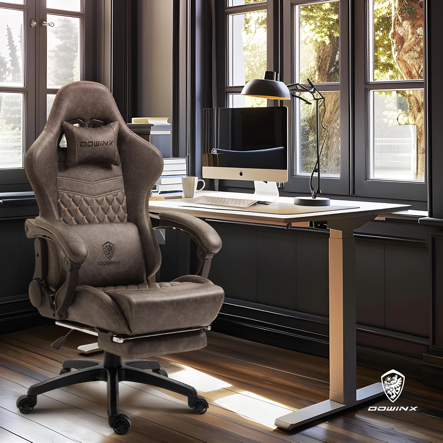 Dowinx Big & Tall Vintage Gaming Chair for Adults, 400 lb Capacity Heavy Duty Ergonomic Computer Chair with Massage Lumbar, Footrest & Easy Side Recline, Brown
