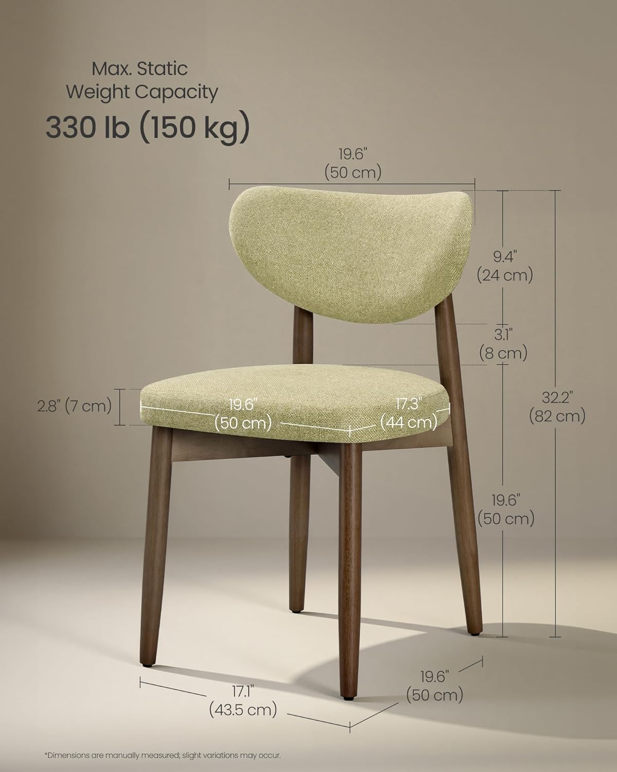 VASAGLE Wooden Dining Chairs Set of 2, Upholstered Kitchen Chairs with Solid Wood Legs, Ergonomic Curved Backrest, Built-in Handle, Mid Century Modern, for Kitchen Dining Vanity, Sage Green
