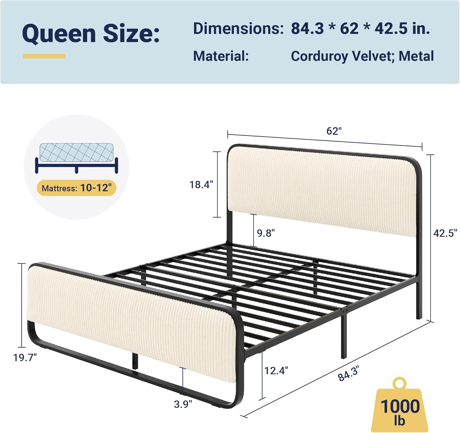 Allewie Queen Size Metal Bed Frame with Curved Corduroy Upholstered Headboard and Footboard, Platform Bed Frame with 12.4