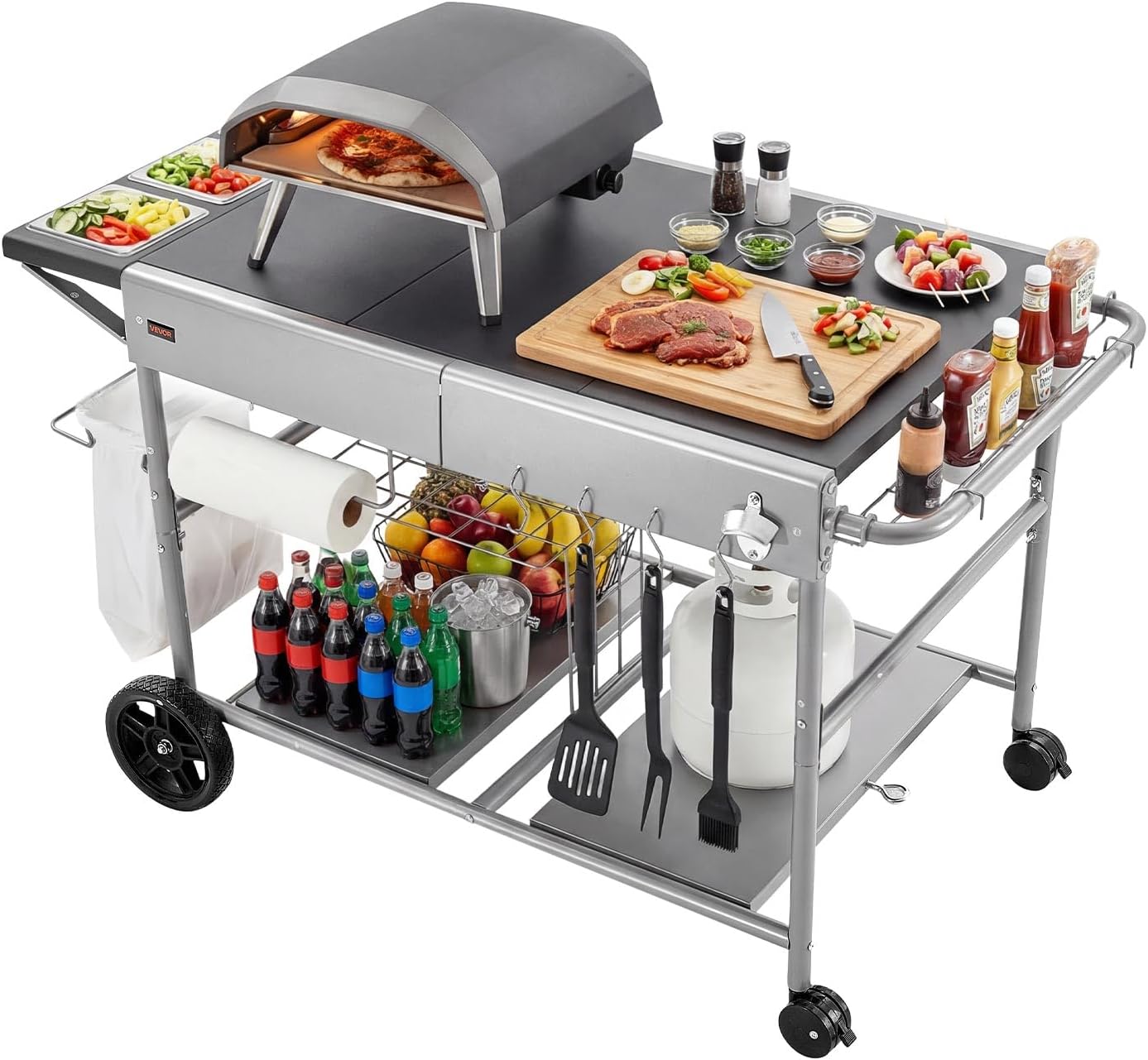 VEVOR Outdoor Grill Cart, 36.4 x 23.4 x 1 inch Tabletop Size Grilling Table, Movable Outdoor Cooking Table with 4 Spice Containers, Wheels, Lids, Hooks, BBQ Prep Tables for Picnic, Kitchen, Courtyard
