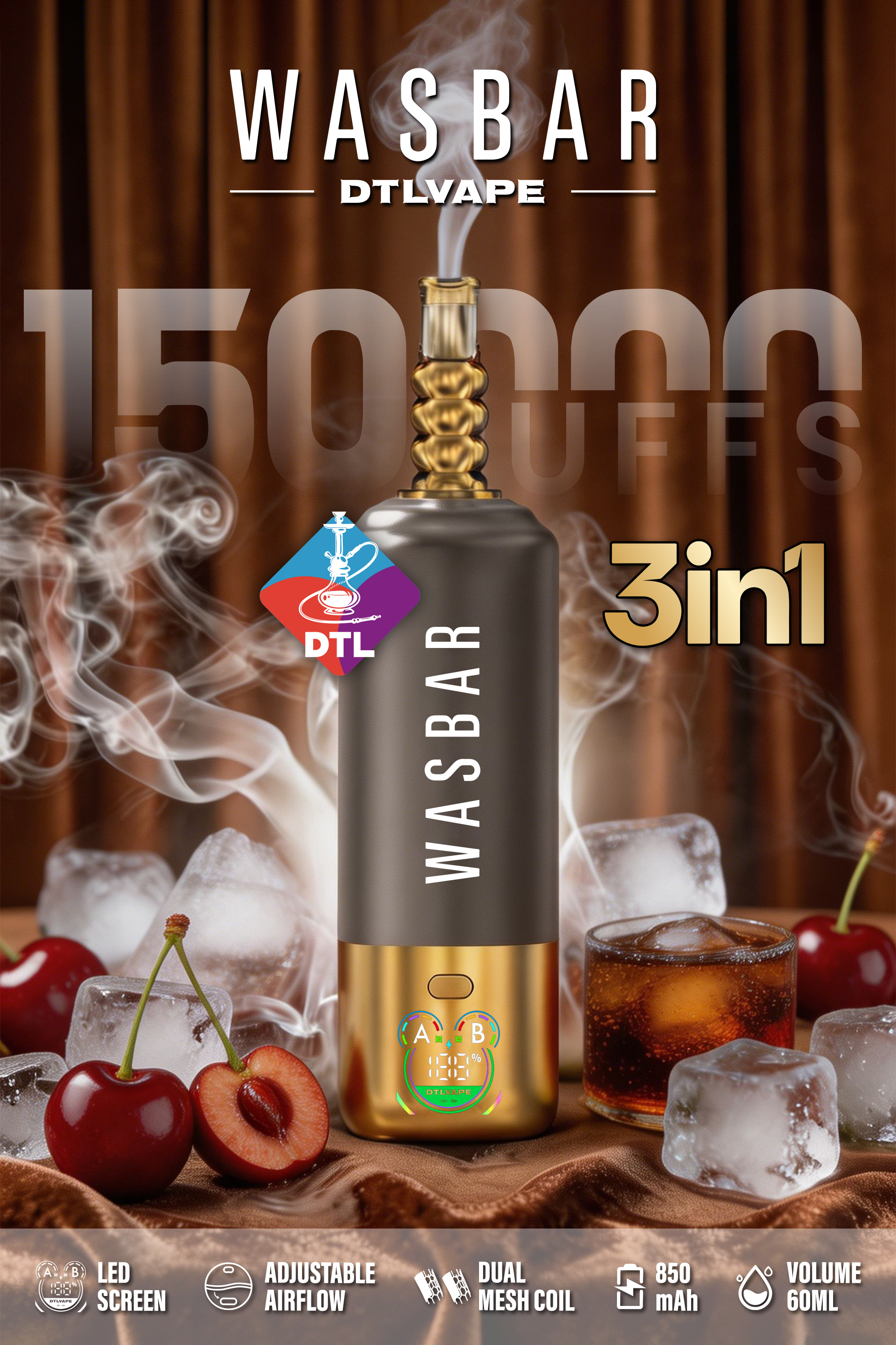 Wasbar 3 In 1 150000 Puffs 150K Disposable Vape DTL E-cigarettes