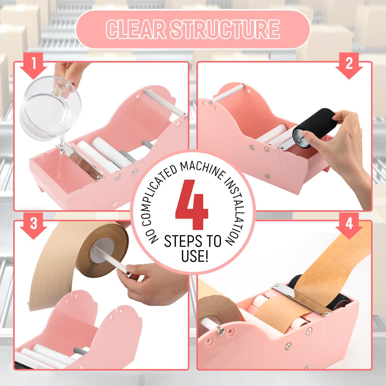 Water-Activated Tape Dispenser, Manual Kraft Gum Tape Dispenser, Width Adjustable 1.18-3.15
