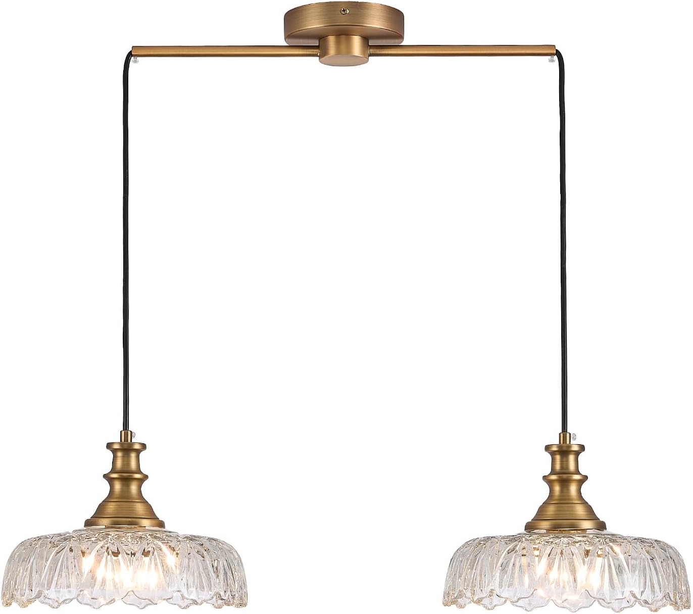 HDDFL Vintage Pendant Lighting Fixtures Modern Glass Hanging Lamp with Adjustable Cord for Kitchen Island Dining Room Hallway 2 Light Brass and Clear
