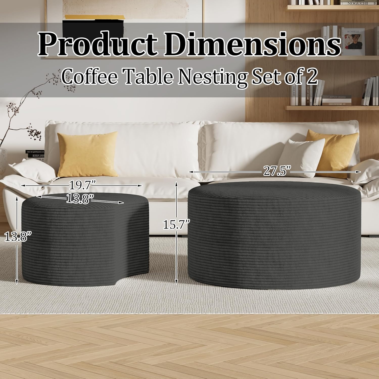 Round Nesting Coffee Table Set of 2,Upholstered Foam Ottoman Footrest Side Table Set,Modern Flannel Circle Coffee Table No Assembly for Living Room Entryway Bedroom,Grey