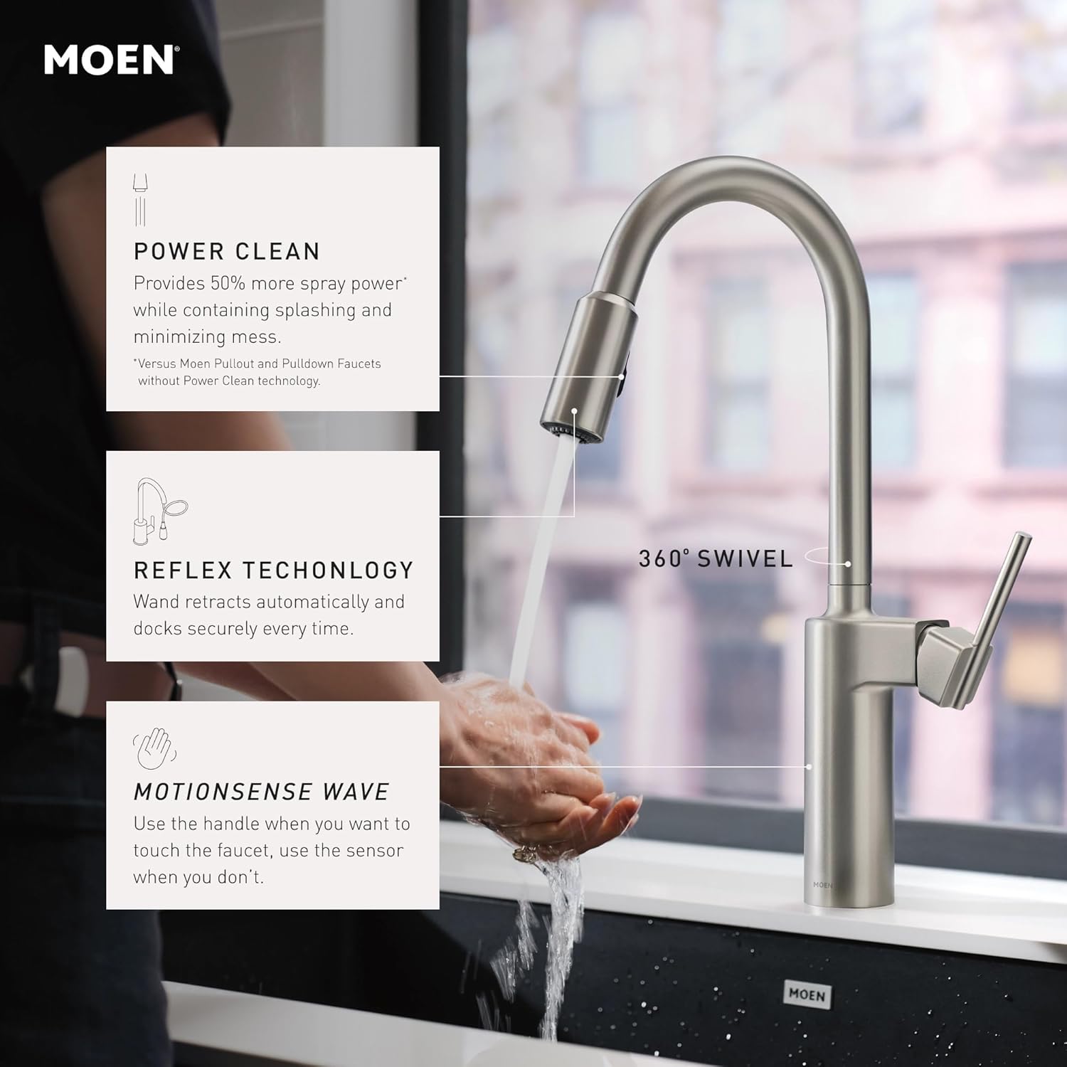 Moen Inara Spot Resist Stainless MotionSense Wave One-Handle Touchless Kitchen Faucet with Pulldown Sprayer and Power Clean, 87463EWSRS