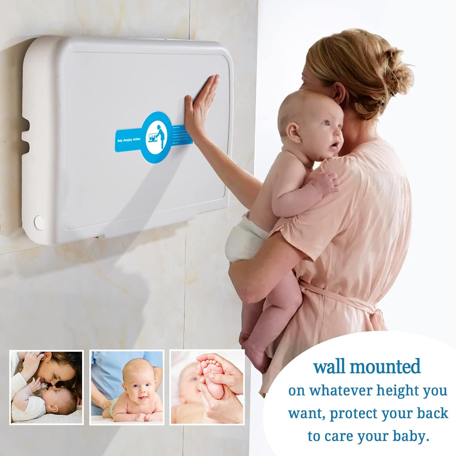 Baby Changing Table Wall Mounted,Baby Changing Station with Safrty Strap,HDPE Fold-Down Diaper Changing Station Table,Foldable Diaper Changing Unit for Commercial Bathroom Restroom