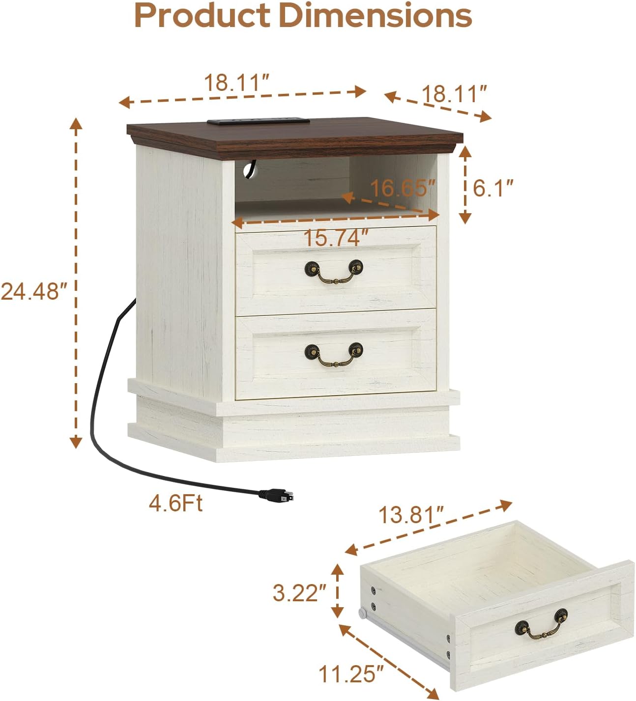 knoword 18'' Wide Farmhouse Nightstands with Charging Station, Wood Square Nightstand with 2 Large Drawers, Bedside Table, Rustic End Table for Bedroom, White