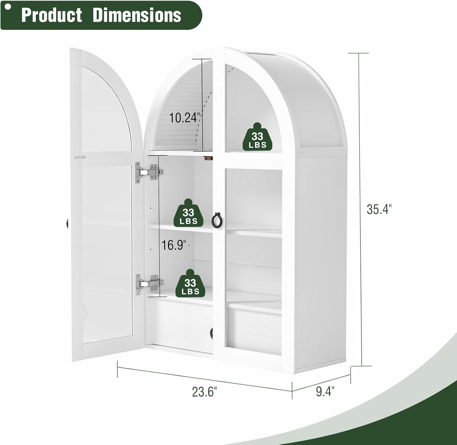 Medicine Cabinet with Tempered Glass Door, Arched Bathroom Wall Cabinet with Adjustable Shelf, for Kitchen, Living Room, Entryway, Laundry Room, Apartment, Office, Small Space, White