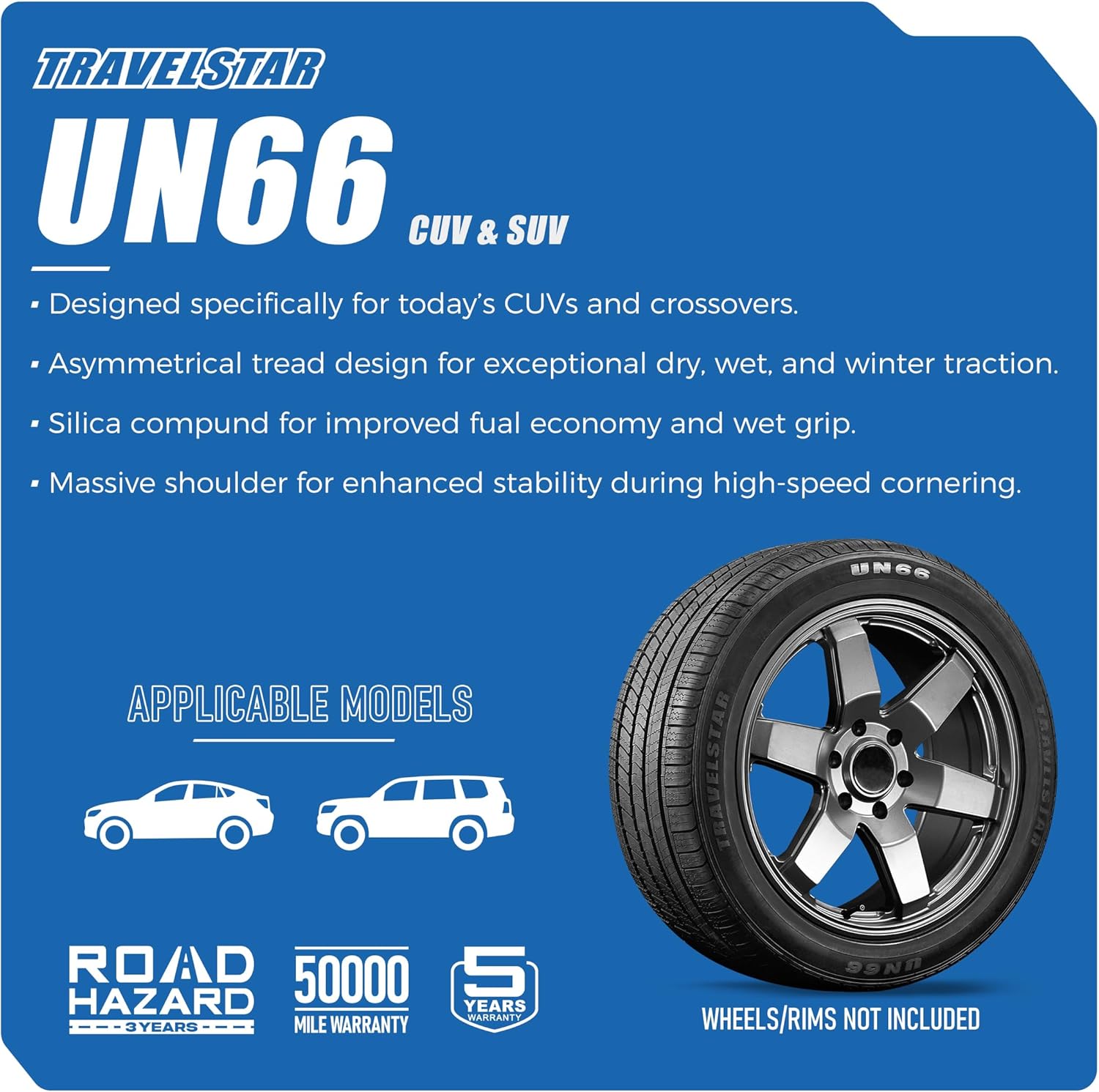 Set of 4 (Four) Travelstar UN66 225/55R18 98V All-Season High Performance CUV/SUV Tires 225/55/18- Includes Three-Year Road Hazard Warranty UTQG 520AA (Tire Only)
