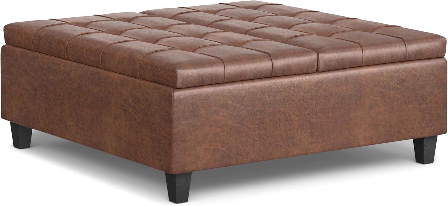 SIMPLIHOME Harrison Large Coffee Table Storage Ottoman - 40 inch Wide Upholstered Vegan Leather Square Lift-Top Ottoman in Distressed Saddle Brown, Transitional Bench for Living Room with Sturdy Base
