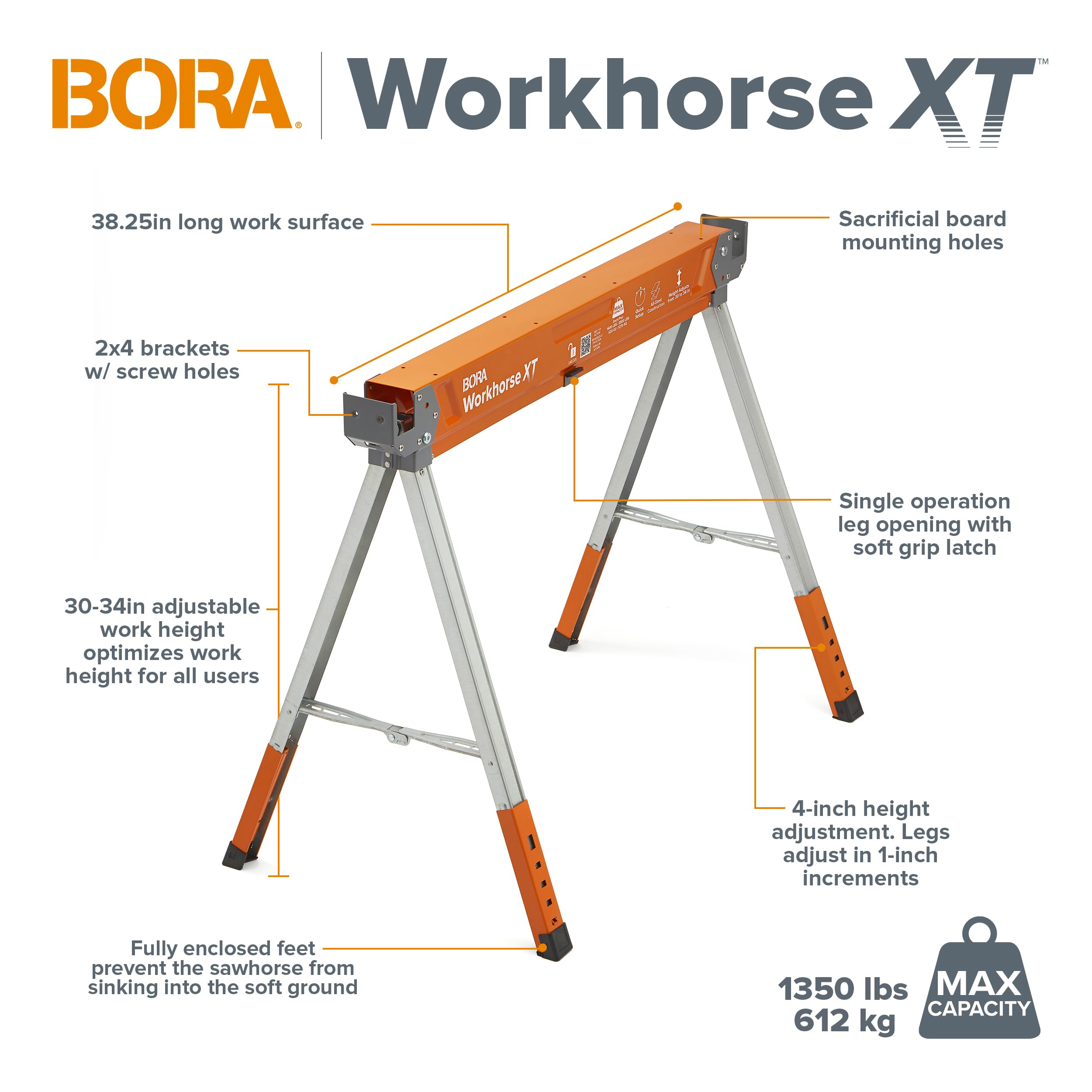 BORA Workhorse XT Adjustable Folding Saw Horses - 2 Pack