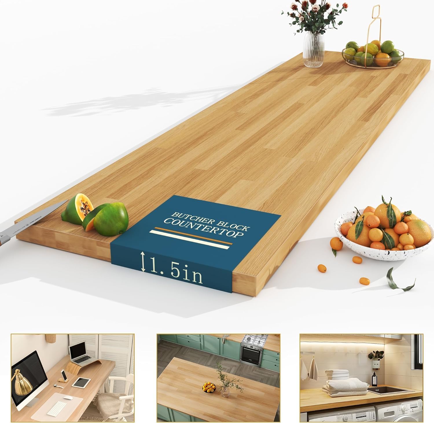 36x25 inch 1.5 Thick Butcher Block Countertop, 3ft Unfinished Solid Birch Wood Table Top DIY Wooden Board for Kitchen Island Dining Room,Washer Dryer Workbench, Standing Desk