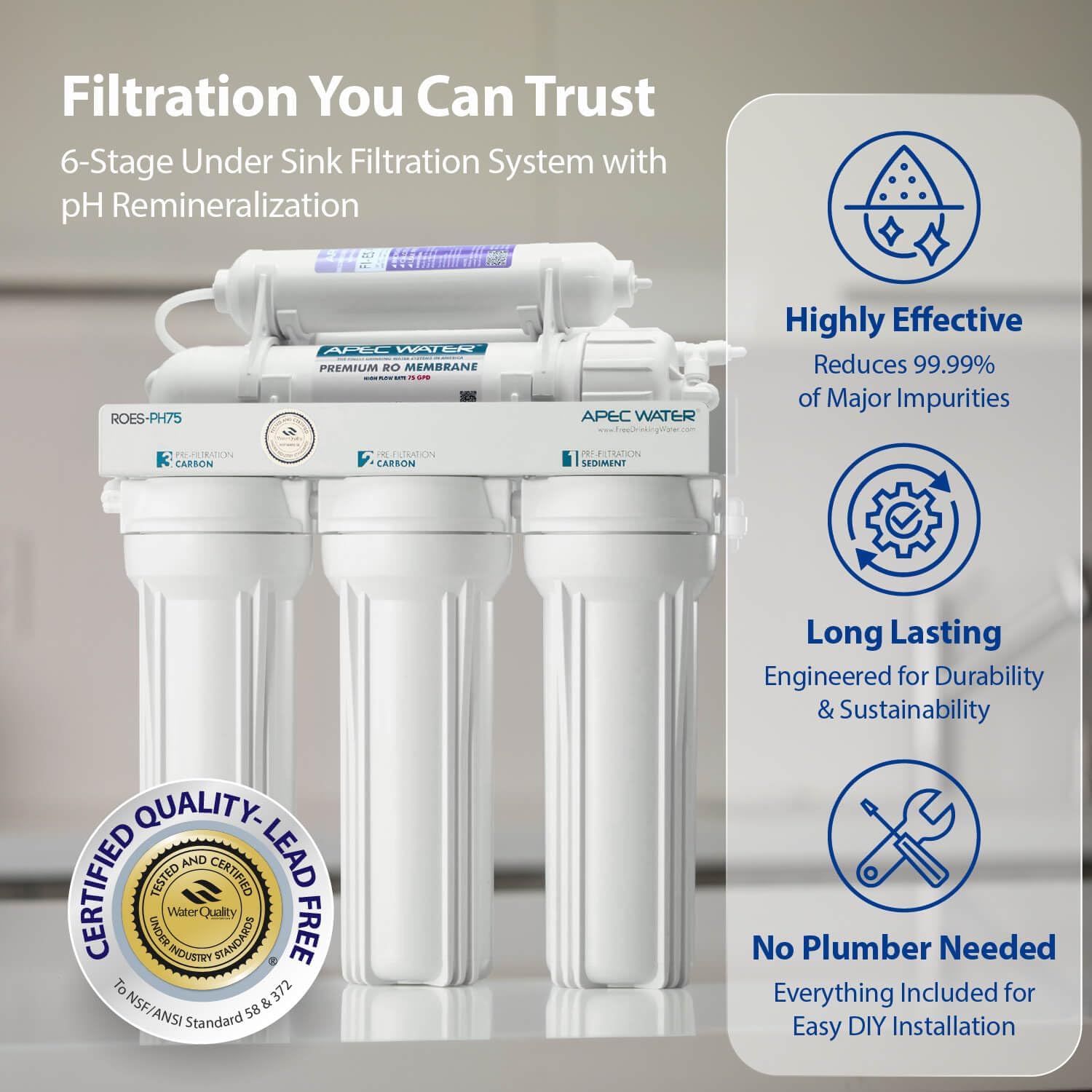 APEC Water Systems ROES-PH75 Essence Series Top Tier Alkaline Mineral pH+ 75 GPD 6-Stage Certified Ultra Safe Reverse Osmosis Drinking Water Filter System