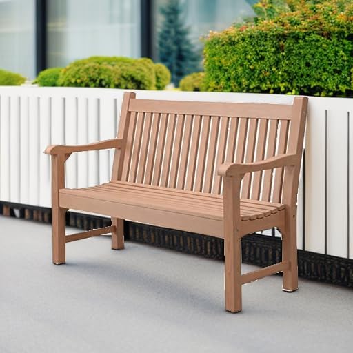 Psilvam 2-Person Outdoor Bench with 700 Lbs Weight Capacity, Poly Lumber Weatherproof Garden Bench Seating for Porch, Balcony and Park, All-Weather Patio Bench Furniture (Teak)