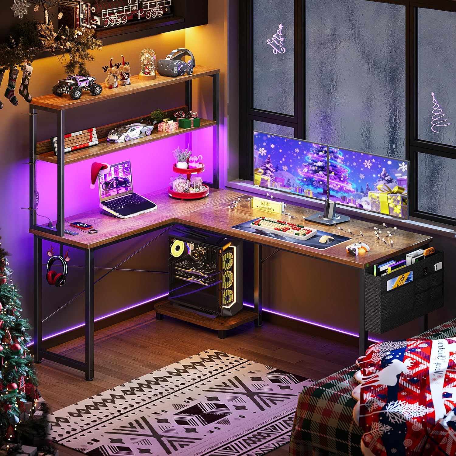 ODK 53 Inch L Shaped Desk with LED Lighting, Reversible Gaming Desk with Power Outlets, Cornor Computer Table with Storage Shelves & Bag & Iron Hook, Home Office Table for Writing, Study, Vintage