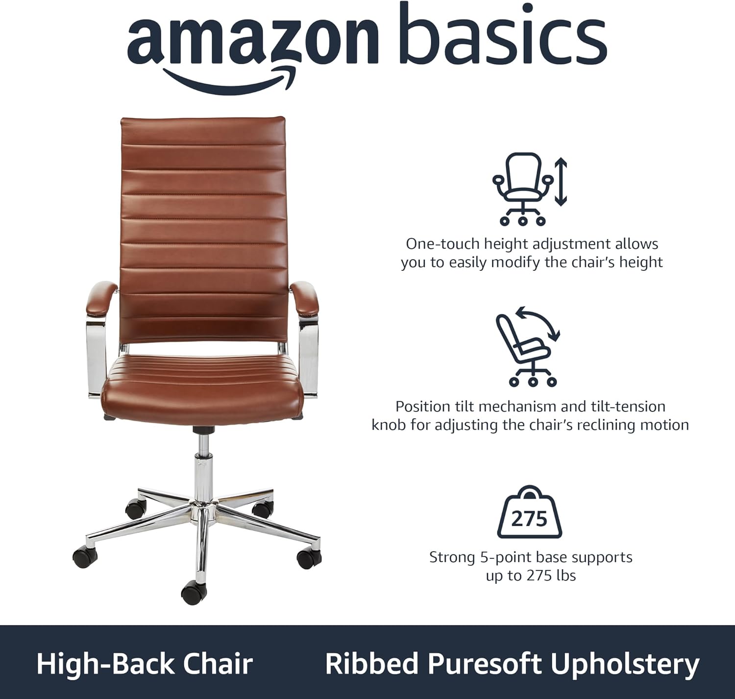 Amazon Basics High-Back Swivel Office Chair with Lumbar Support, Ergonomic Ribbed Faux Leather, Adjustable Height, 24.75