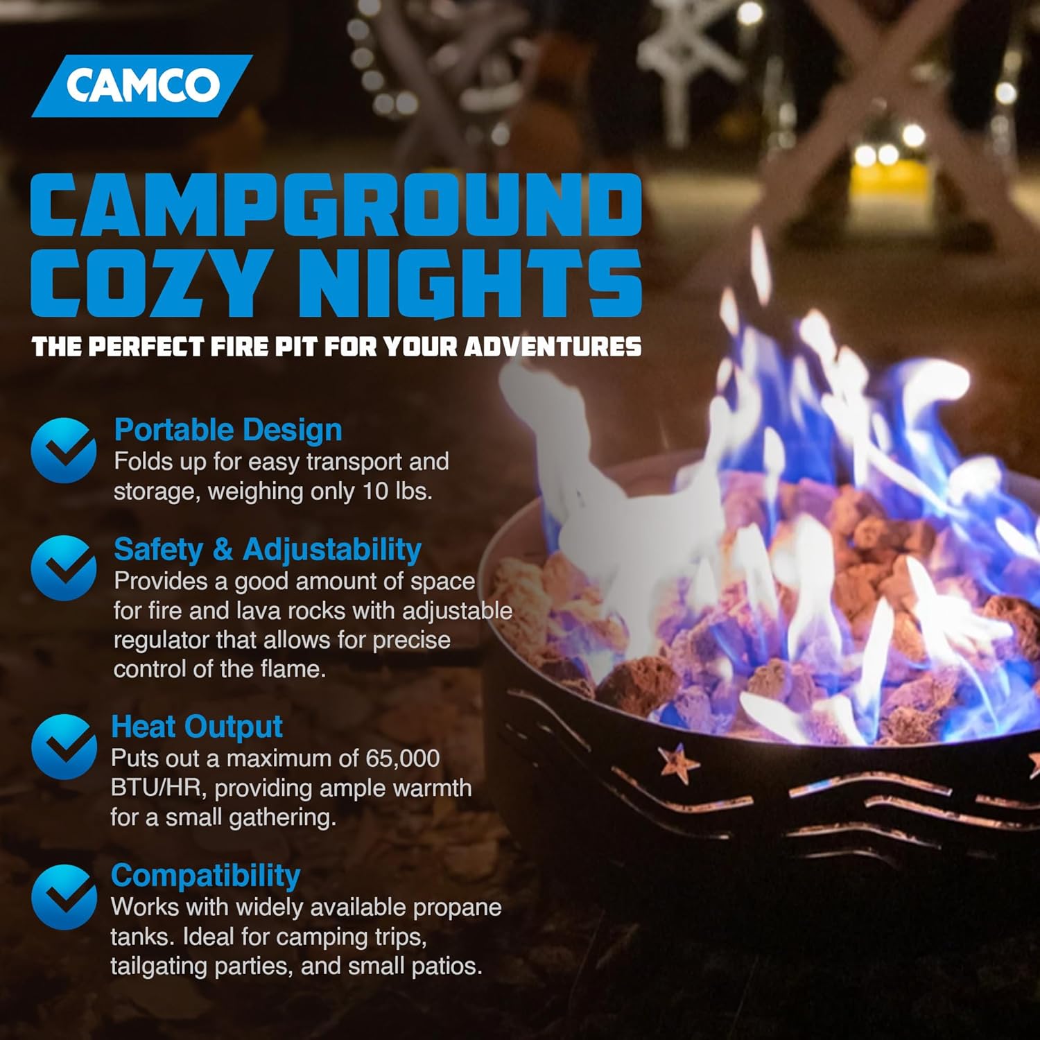 Camco 58041 Portable Campfire Outdoor Propane Heater Compact Fire Pit with Lava Rocks for Camping, Tailgating, and Patios, Black