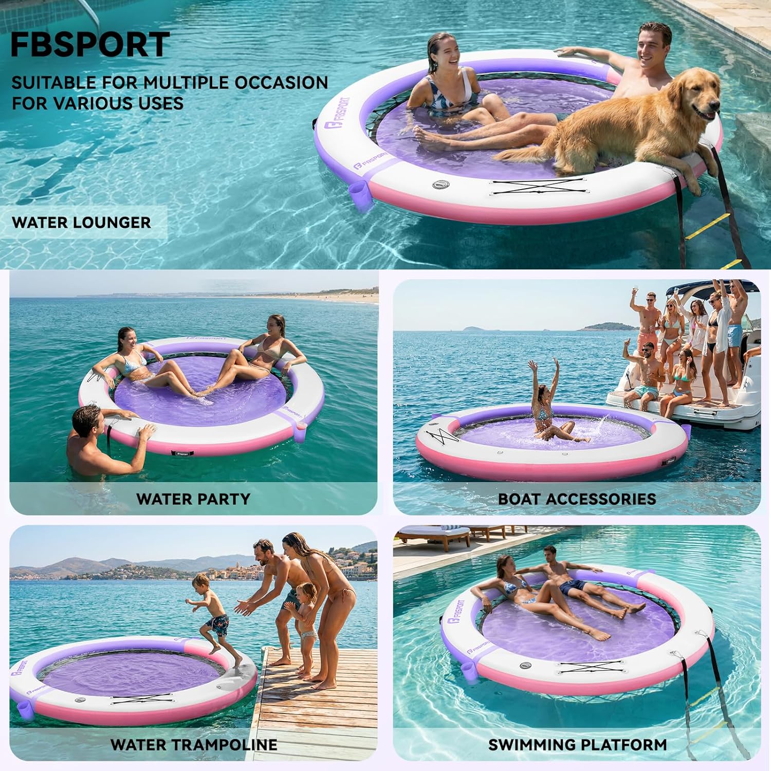 FBSPORT Inflatable Water Hammock Round Floating Ring, 10/8/6ft Inflatable Dock Floating Platform for Lake W/Cupholder, Sun Float Chill Raft Float Ring Tanning Pool Lounger Island Platform Pad