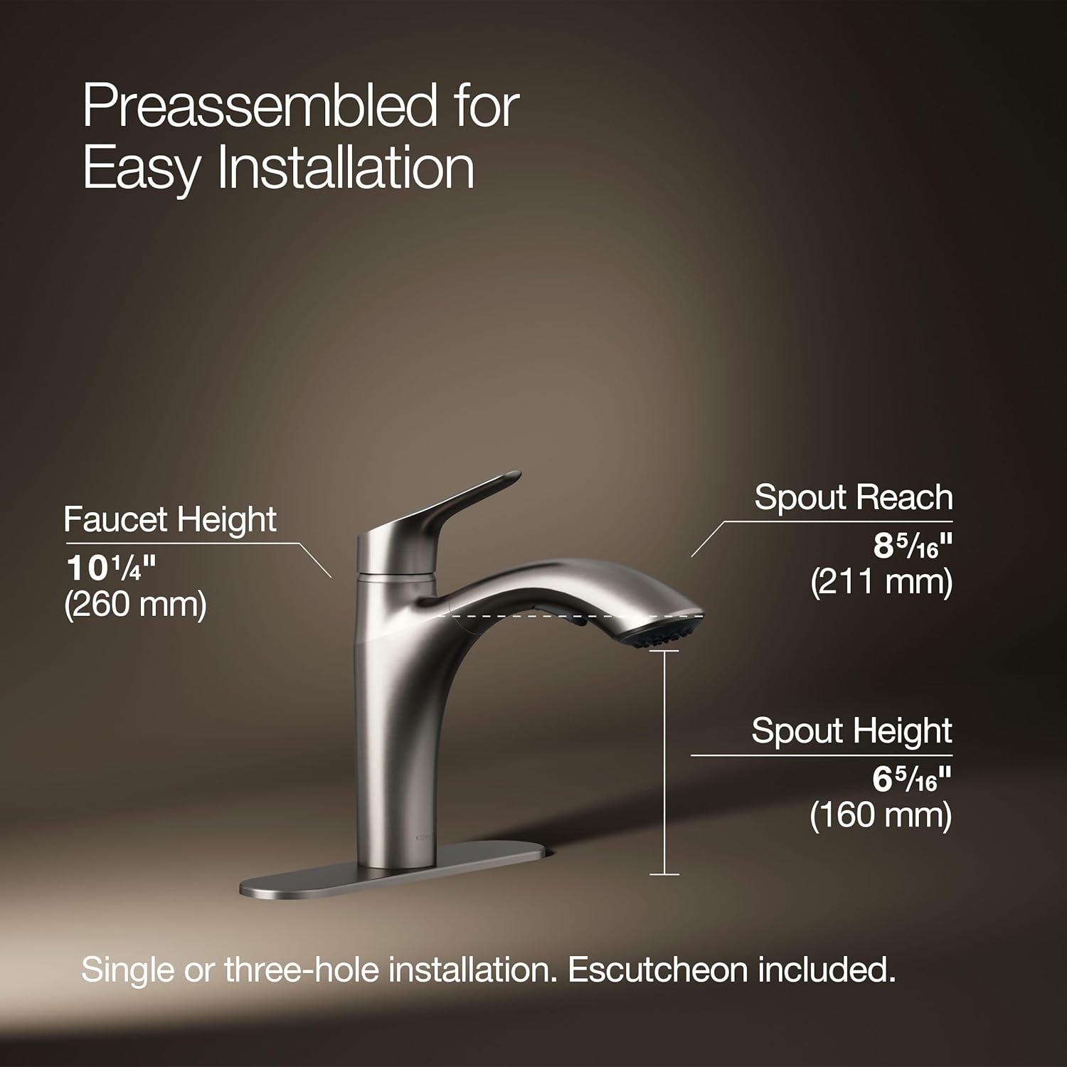KOHLER 30468-VS Rival Single Handle Pull-Out Kitchen Sink Faucet, 1.5 GPM, High-Arch Swing Spout, Two-Function Sprayhead, Vibrant Stainless