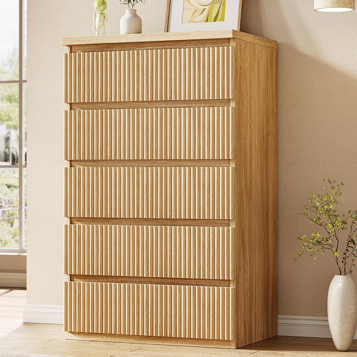 Fluted 5 Drawer Dresser for Bedroom, 43