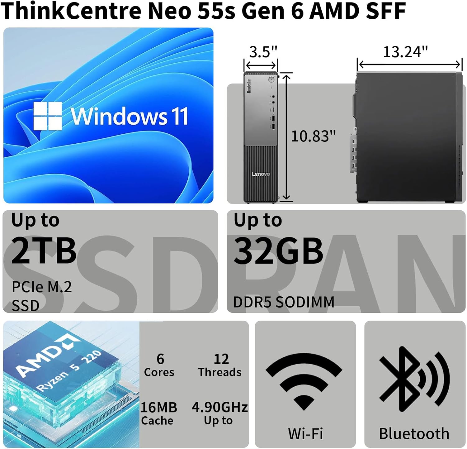 Lenovo ThinkCentre Neo 55s Business SFF Desktop, AMD Ryzen 5 220 (up to 4.9 GHz), 16GB DDR5, 512GB SSD, Support 2-Monitor 4K, HDMI, DP, Wired KB & Mouse, Wi-Fi, Win 11 Pro, 2026 Small PC, w/Bundle