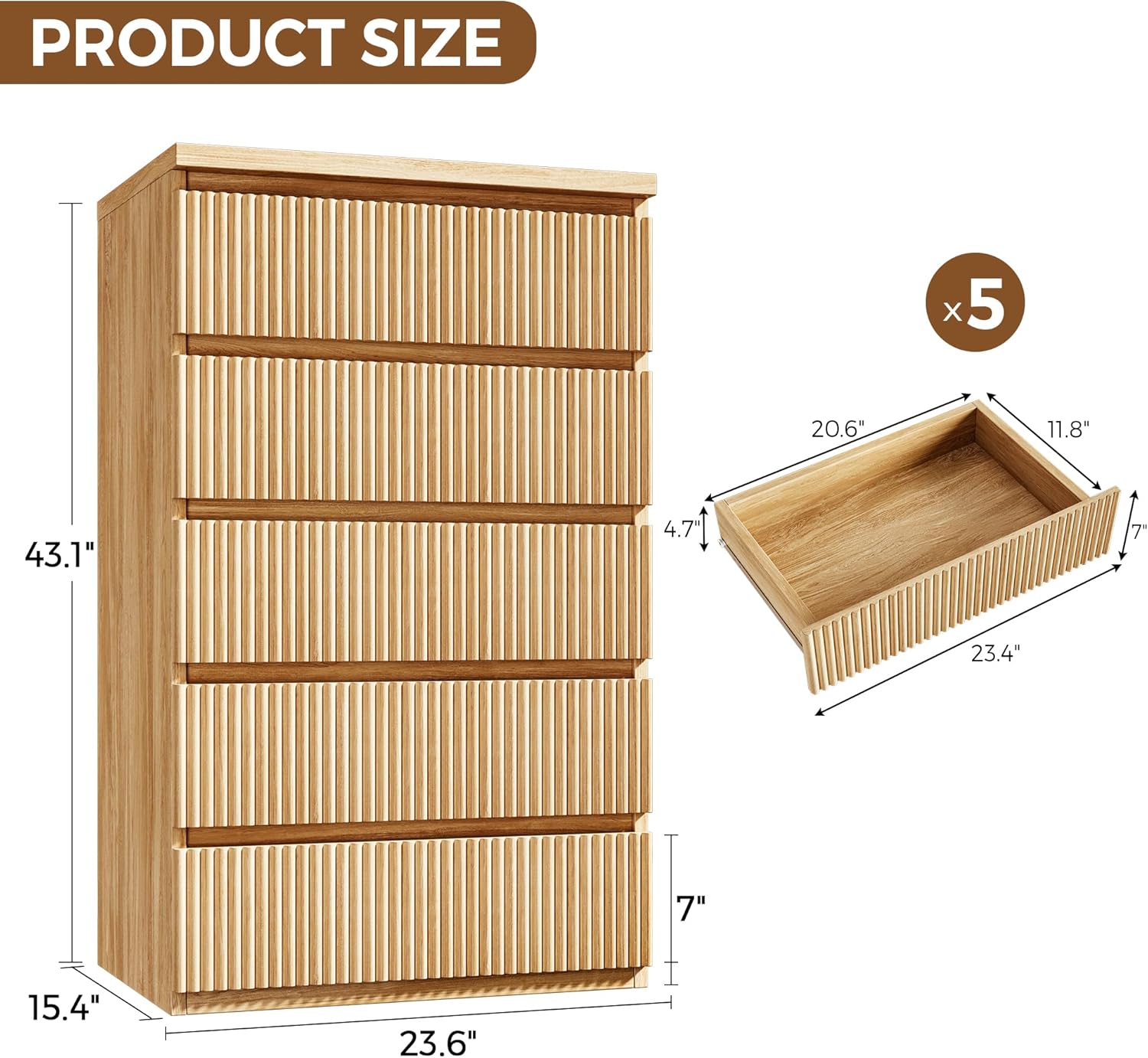Fluted 5 Drawer Dresser for Bedroom, 43