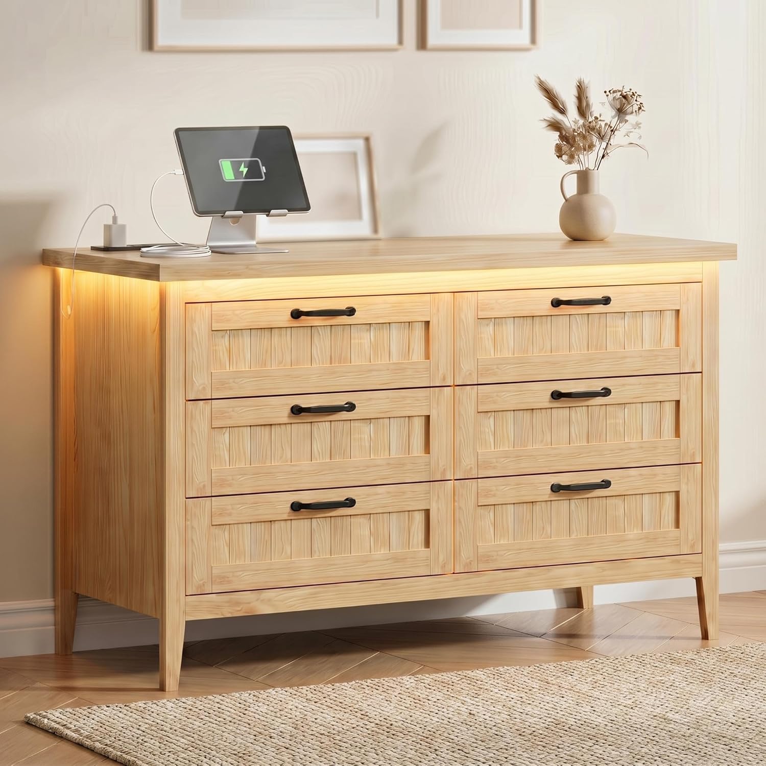 GarveeLife 6 Drawer Dresser with Charging Station & LED Lights, 47.3