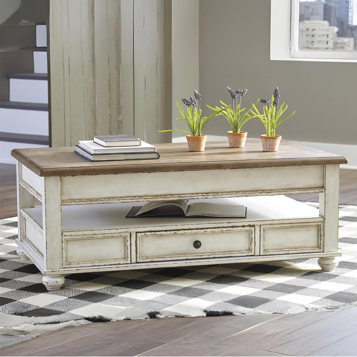 Signature Design by Ashley Realyn Vintage Farmhouse Rectangular Lift Top Coffee Table with Storage Drawer, White & Brown