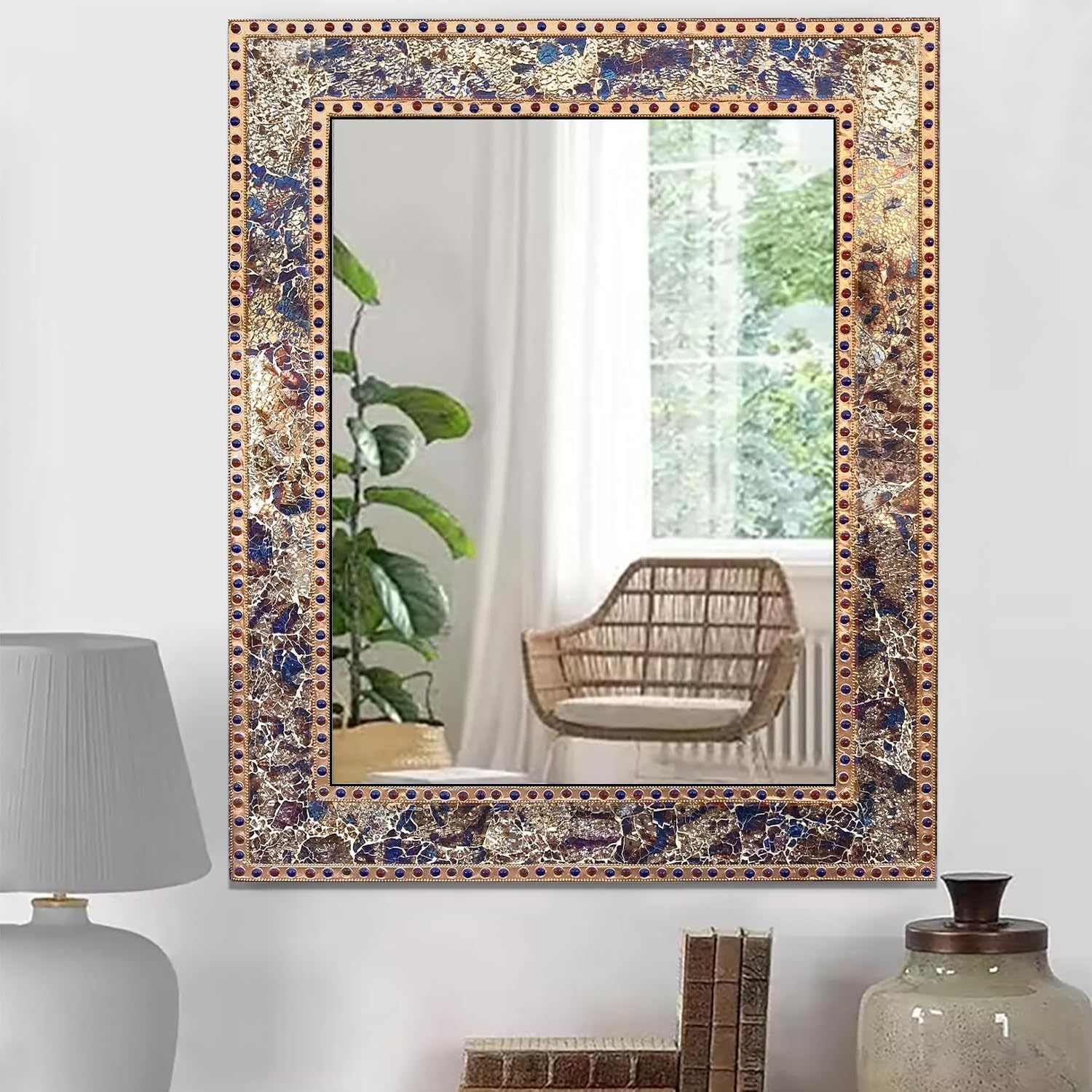 Mosaic 30X24 Crackled Glass Decorative Wall Mirror, Fired Gold