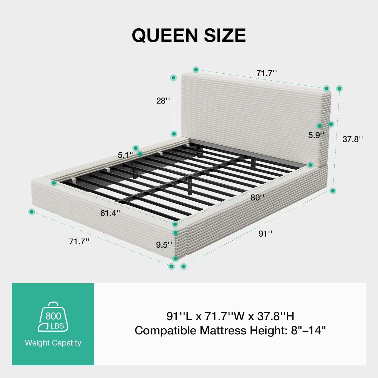 Novilla Queen Size Bed Frame, Plush CloudSoft Bed, Corduroy Upholstered Platform Bed Frame with Headboard, Easy Assembly, No Box Spring Needed, Modern Soft Bed Frame, White